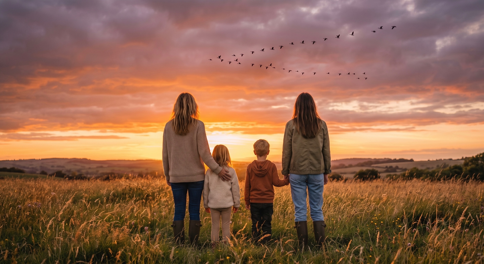 Two mothers and their children in a wildflower meadow at sunset, watching a flock of birds fly overhead
